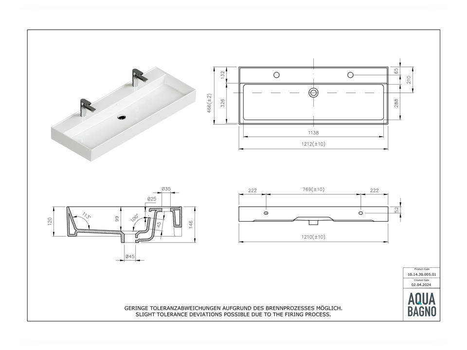 Doppelwaschtisch Aufsatzwaschtisch 121cm - Loft Air - 10.14.30.005.01