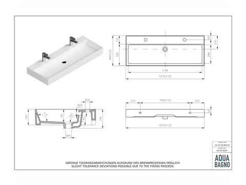 Doppelwaschtisch Aufsatzwaschtisch 121cm - Loft Air -...