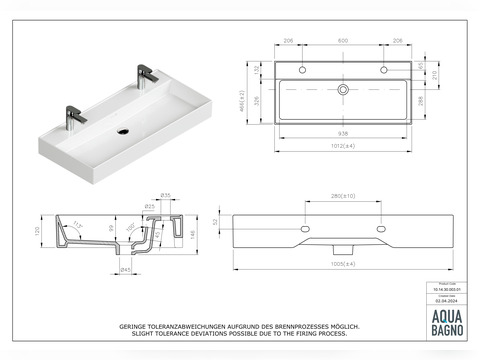 Doppelwaschtisch Aufsatzwaschtisch 101cm - Loft Air -...