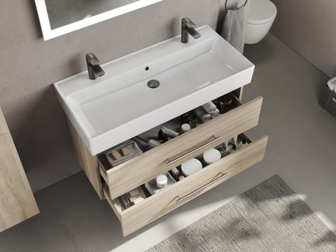 Flex Badmöbel 100, Eiche Gold, Keramik Waschbecken