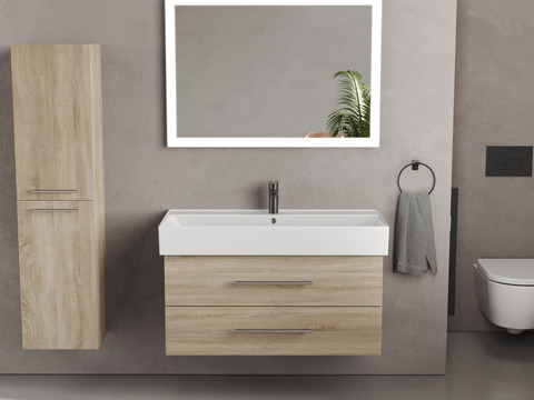 Flex Badmöbel 100, Eiche Gold, Keramik Waschbecken