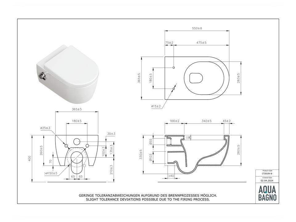 Wand Dusch WC Taharet - mit abnehmbaren Softclose Toiletten-Sitz - Bidet - Keramik - CT2019V-B