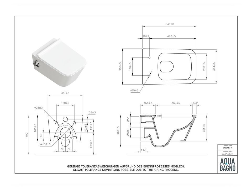 Wand Dusch WC Taharet - mit abnehmbaren Softclose Toiletten-Sitz - Bidet - Keramik - CT2041V-B