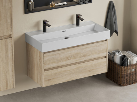 Duo Badmöbel 100, Eiche Gold, Keramik Waschbecken