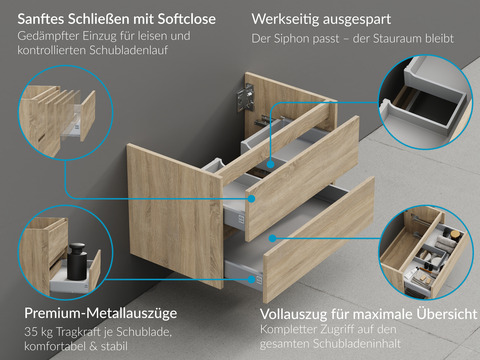 Duo Badmöbel 120, Eiche Gold, Keramik Waschbecken