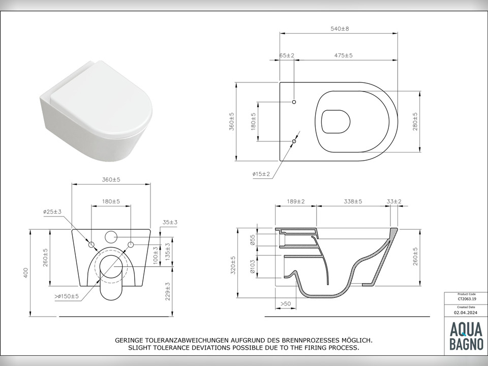 Wand H&auml;nge WC Toilette - sp&uuml;lrandlos - inkl. abnehmbaren Softclose Toiletten-Sitz - Keramik - CT2063.19