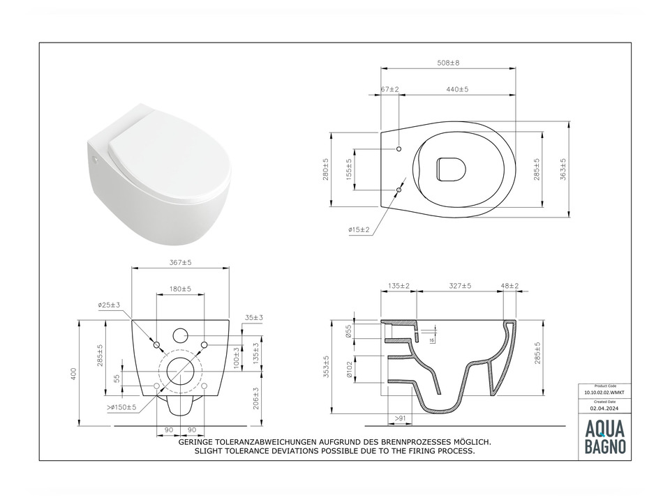 Wand Dusch WC Taharet - sp&uuml;lrandlos - mit abnehmbaren Softclose Toiletten-Sitz - Bidet - Keramik - 10.10.02.02.WMKT