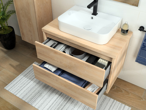 Duo Badmöbel 80, Eiche Gold, Keramik Waschbecken,...