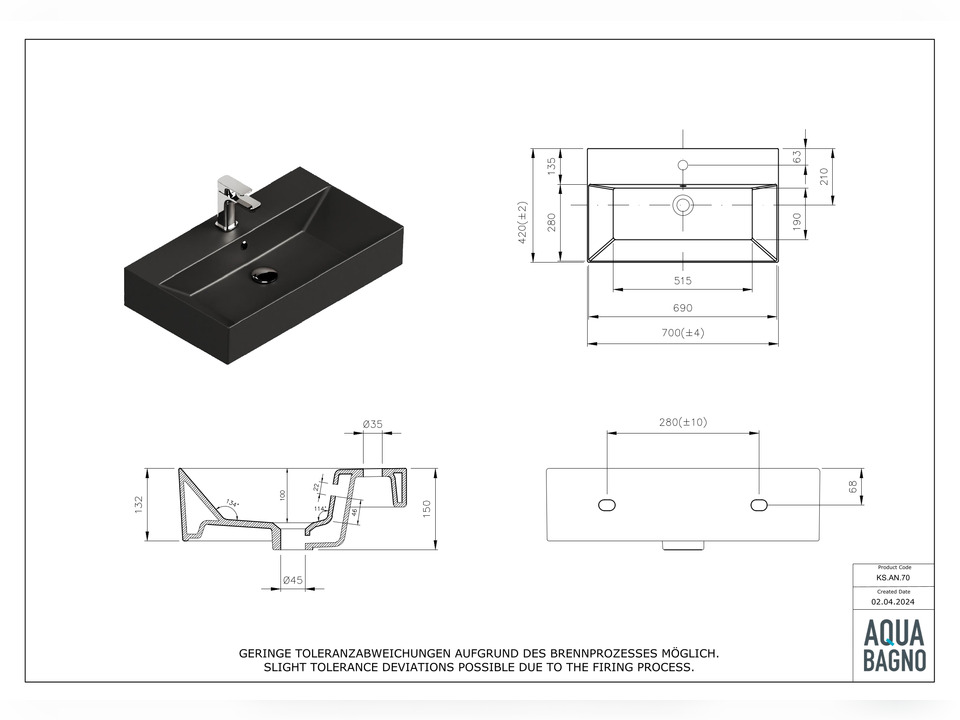 Waschbecken Aufsatzwaschtisch 70cm - Loft - KS.AN.70