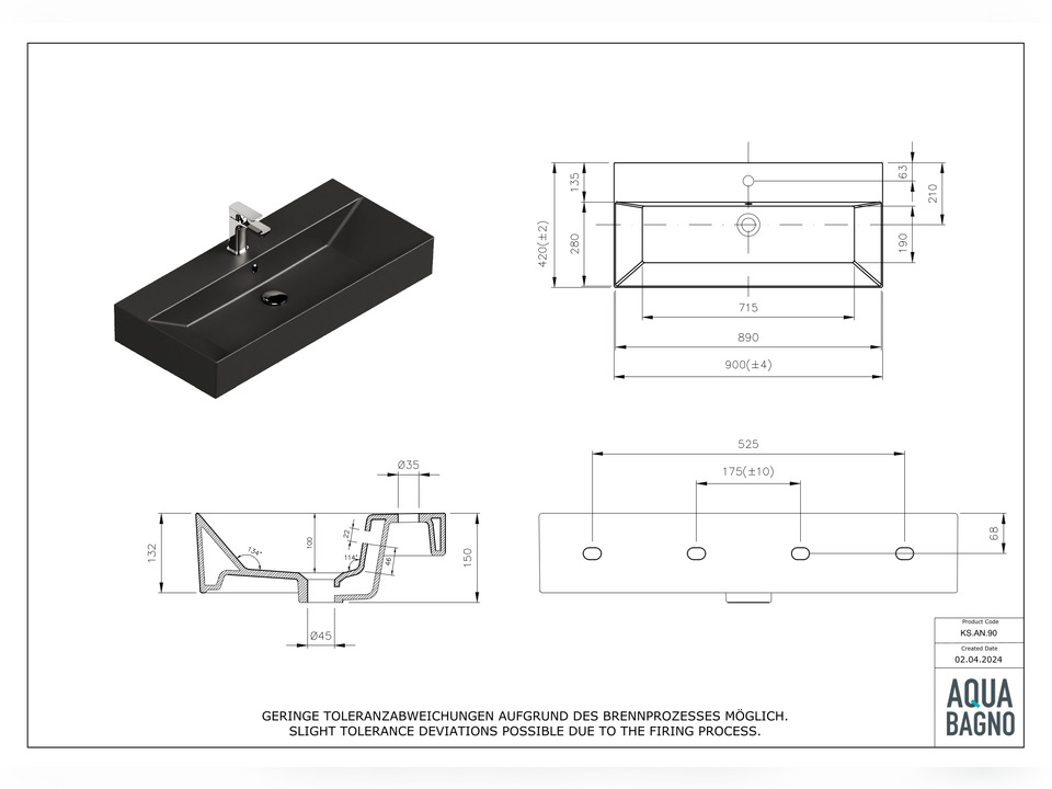 Waschbecken Aufsatzwaschtisch 90cm - Loft - KS.AN.90