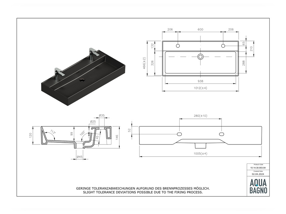 Doppelwaschtisch Aufsatzwaschtisch 101cm - Loft Air - 10.14.30.003.04