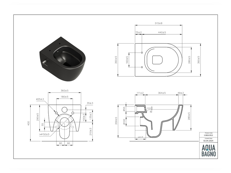 Wand Dusch WC Taharet - sp&uuml;lrandlos - mit abnehmbaren Softclose Toiletten-Sitz - Bidet - Keramik - S.9826.9913