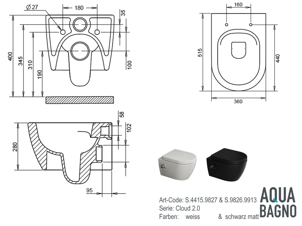 Aqua Bagno Design H&auml;nge-Dusch-WC sp&uuml;lrandlos Cloud 2.0 Taharat in schwarz matt inkl. Warm-Kalt-Mischer &amp; WC-Sitz abnehmbar