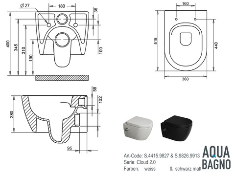 Aqua Bagno Design Hänge-Dusch-WC spülrandlos...