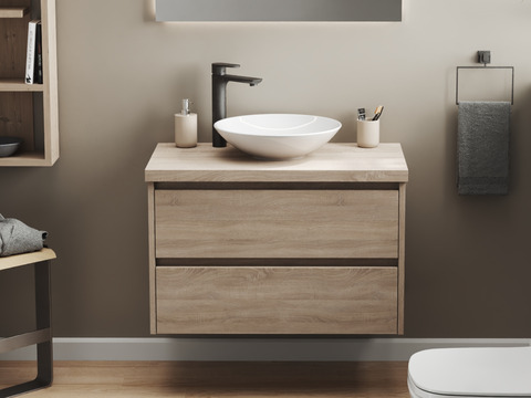 Duo Badmöbel 80, Eiche Gold, Keramik Waschbecken,...