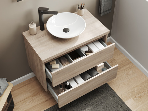 Duo Badmöbel 80, Eiche Gold, Keramik Waschbecken,...