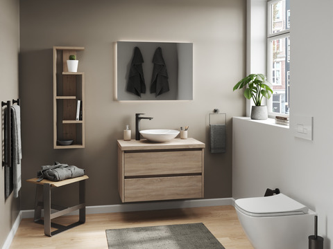 Duo Badmöbel 80, Eiche Gold, Keramik Waschbecken,...