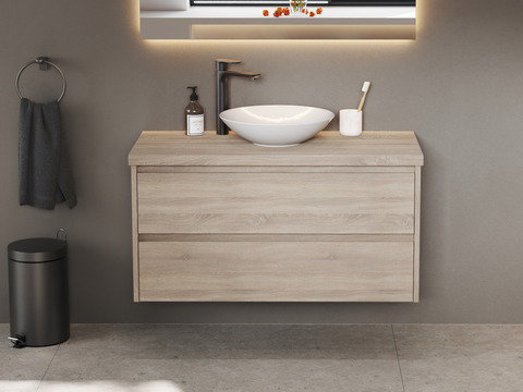 Duo Badmöbel 100, Eiche Gold, Keramik Waschbecken,...