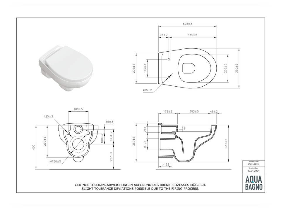 Wand H&auml;nge WC Toilette - sp&uuml;lrandlos - inkl. abnehmbaren Softclose Toiletten-Sitz - Keramik - S.5895.10132