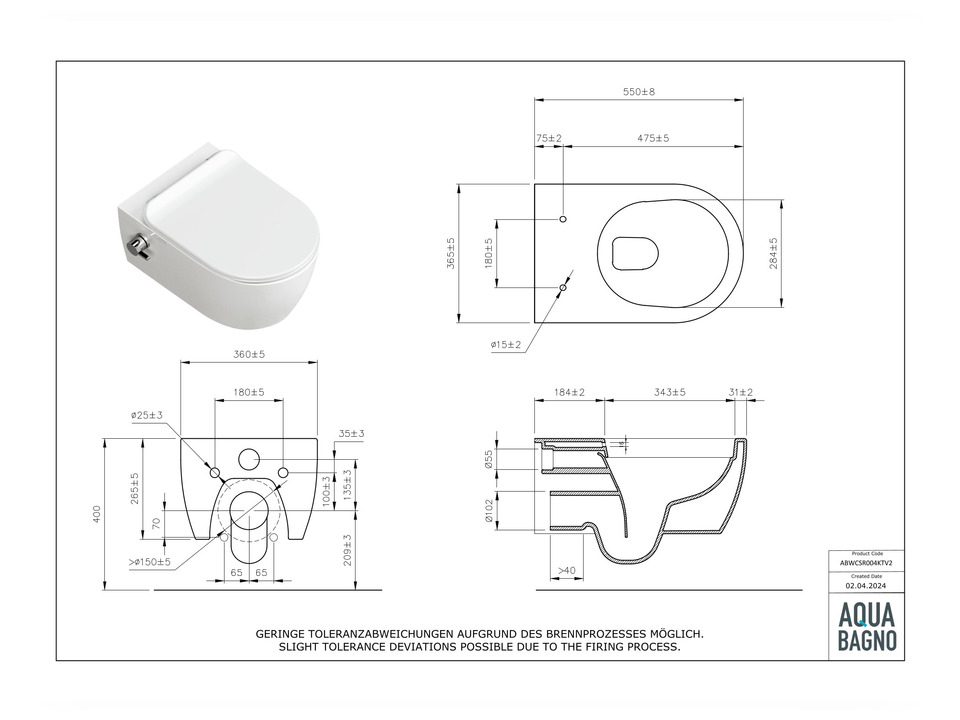 Wand Dusch WC Taharet - sp&uuml;lrandlos - mit abnehmbaren Softclose Toiletten-Sitz - Bidet - Keramik - ABWCSR004KTV2