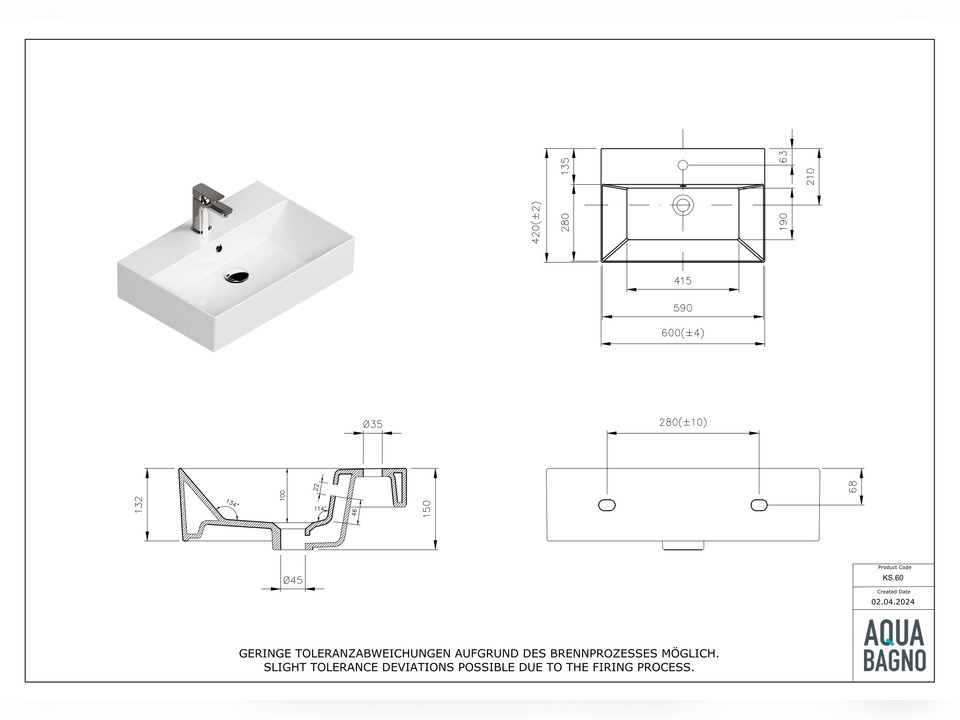 Waschbecken Aufsatzwaschtisch 60cm - Loft - KS.60