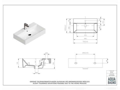 Waschbecken Aufsatzwaschtisch 70cm - Loft - KS.70