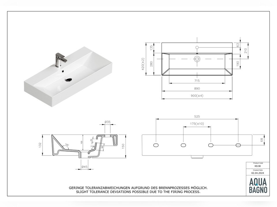 Waschbecken Aufsatzwaschtisch 90cm - Loft - KS.90